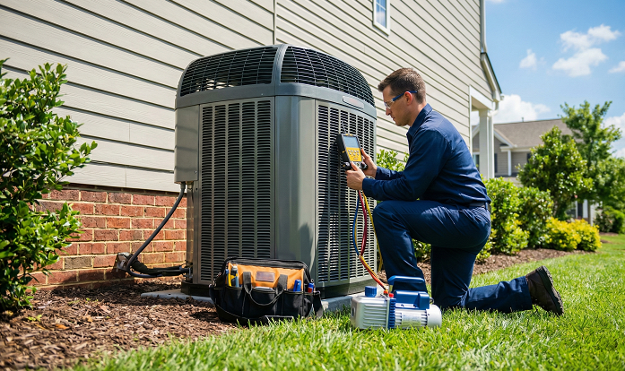 Technician repairing an outside air conditioning unit